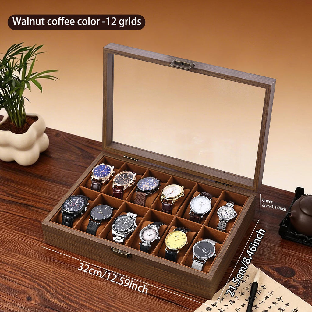 1pc Multi grid wooden watch box with glass cover adjustable jewelry storage box glasses bracelet velvet watch display box Oasis Select Brown-12grids