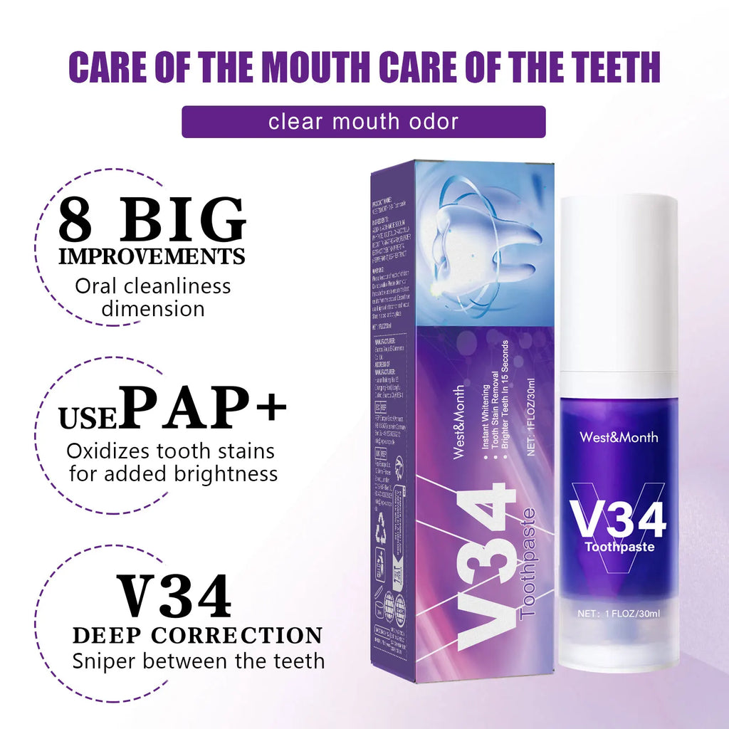 V34 Whitening Toothpaste 30ml – Stain Removal & Fresh Breath