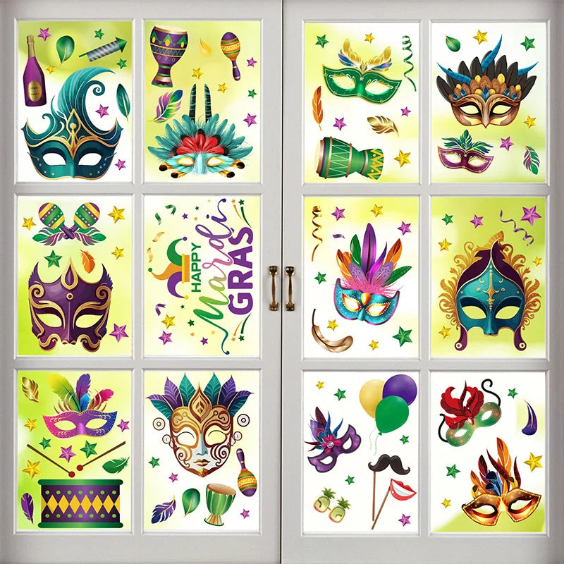 Reusable Mardi Gras Window Stickers Masquerade Mask Feather Pattern Glass Door Decor Festival Party Supplies Carnival Decoration Oasis Select