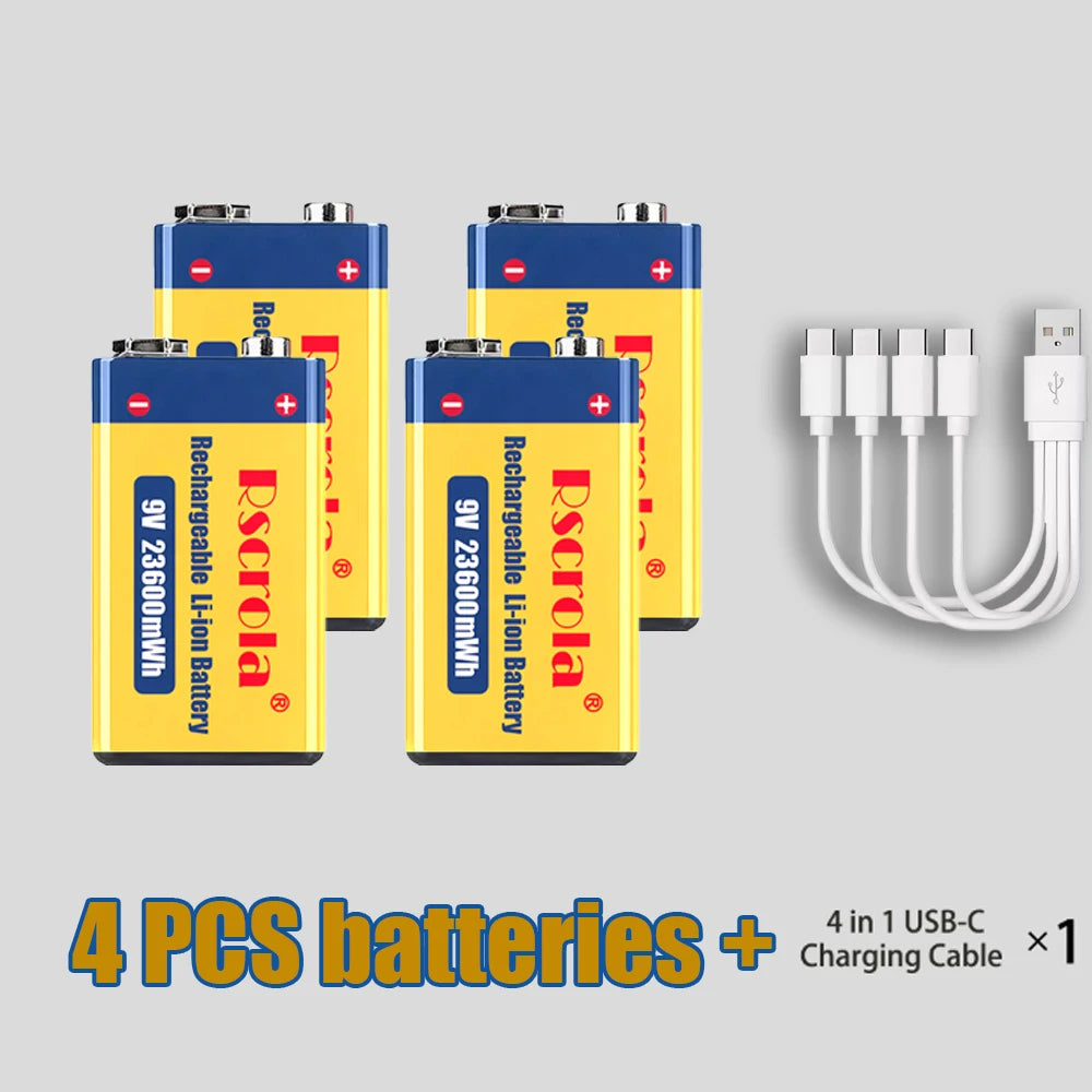 9V 23600mWh USB Lithium-ion Batteries 9V 6F22 Li-po Battery Constant Voltage 9V Output USB Li-ion Rechargeable Batteries Oasis Select 4 PCS Batteries