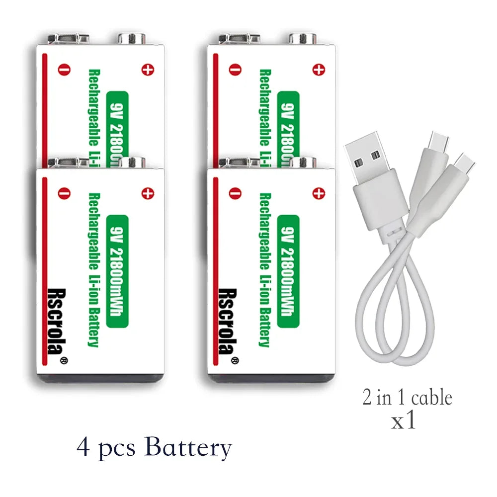 Long-Lasting 9V Lithium ion Rechargeable Battery 21800mWh High Capacity for Guitar Microphone Smoke Detector Pedal with Cable Oasis Select 4 pcs 9v Batteries 9v