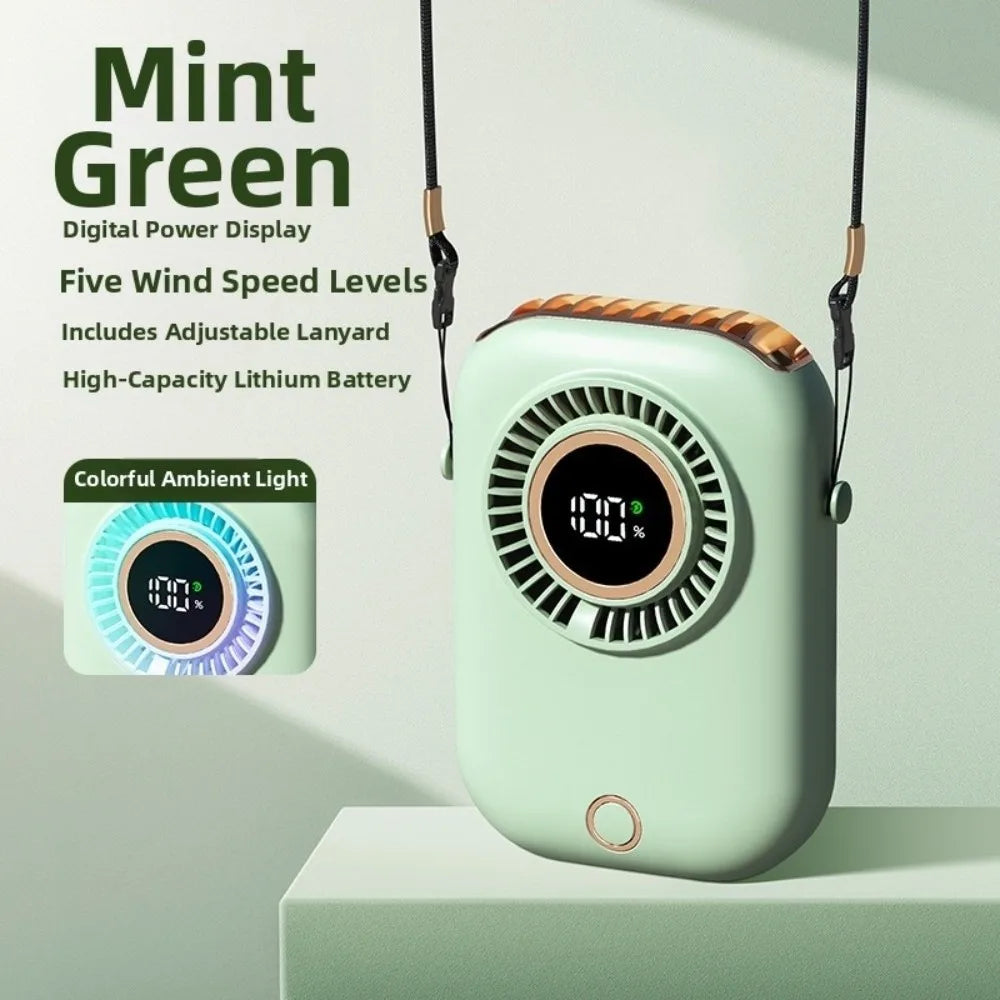 5 Speeds Mini Hanging Neck Fan Wide-Angle Airflow Ultra Quiet Portable Cooling Fan Digital Power Display Fanless Design Oasis Select Green