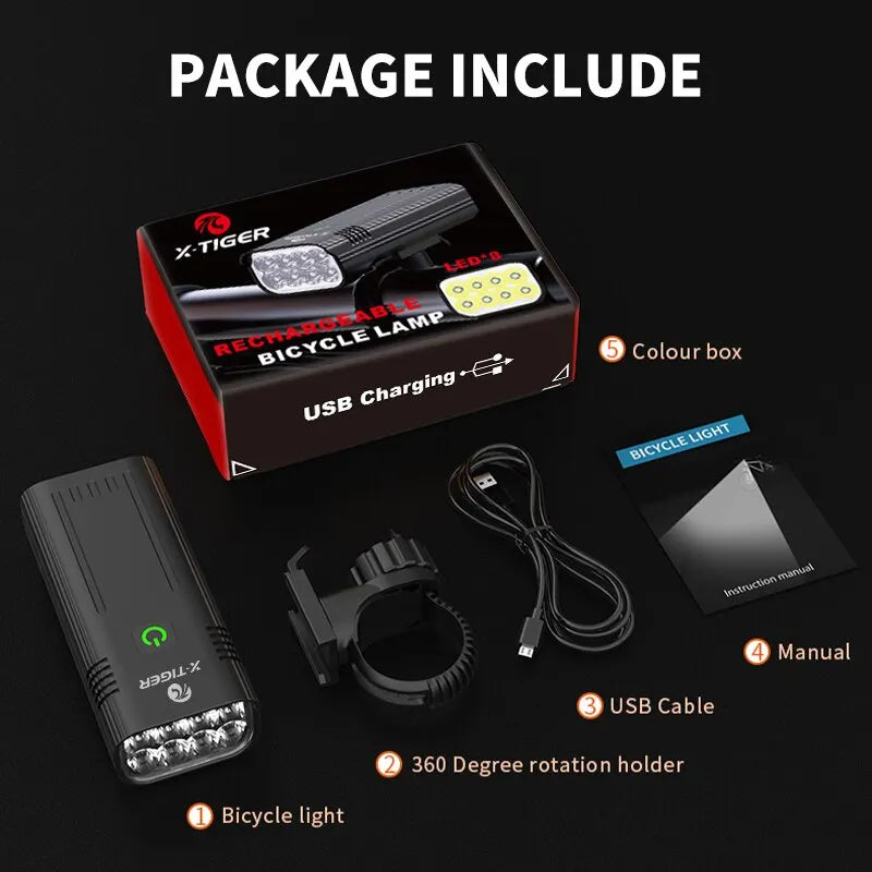 X-TIGER Bike Light Set Powerful USB Rechargeable Bright 10000mAh Bicycle Front Lights IPX5 Waterproof Front Lamp Cycling Oasis Select