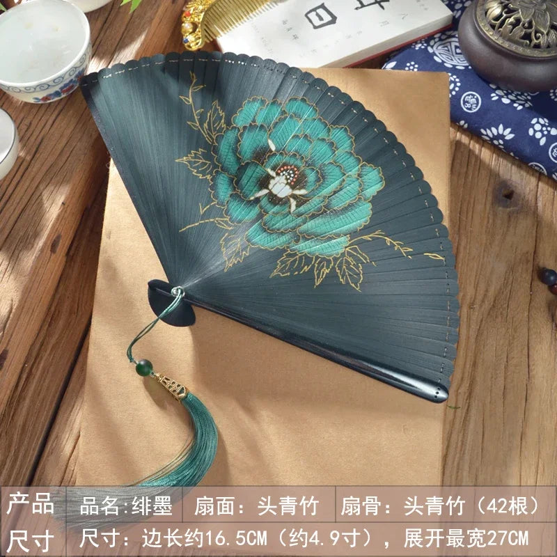 Bamboo Folding Fan Ancient Style Chinese Style Classical Dance Black Fan Summer Portable Folding Fan Oasis Select dark green