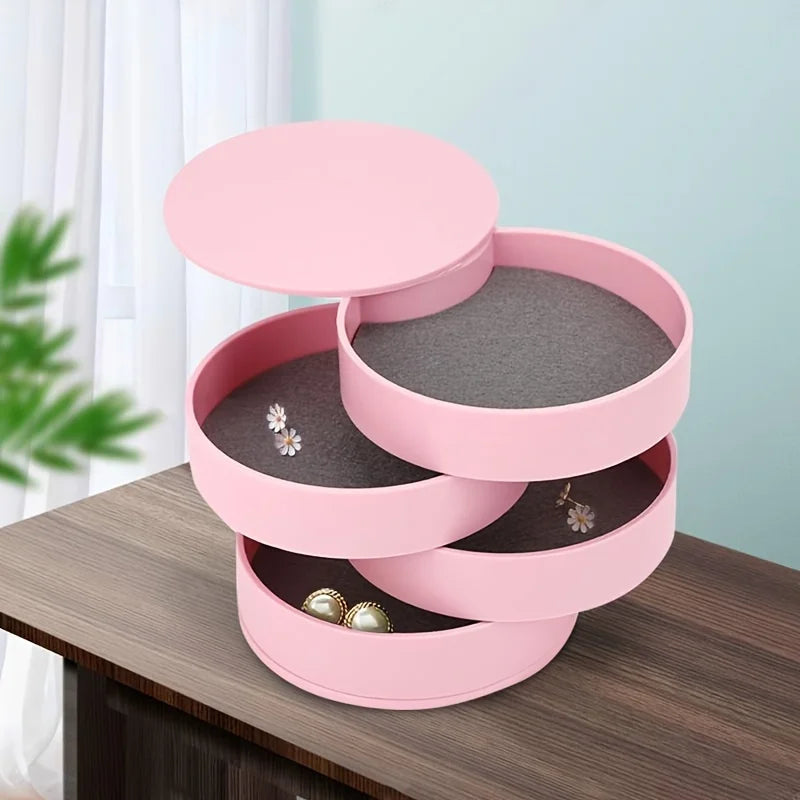 4 Layers Rotating Jewellery Storage Box Women Necklace Desk Organizer Earring Holder Travel with Lid for Ring Bracelet Storage Oasis Select Pink