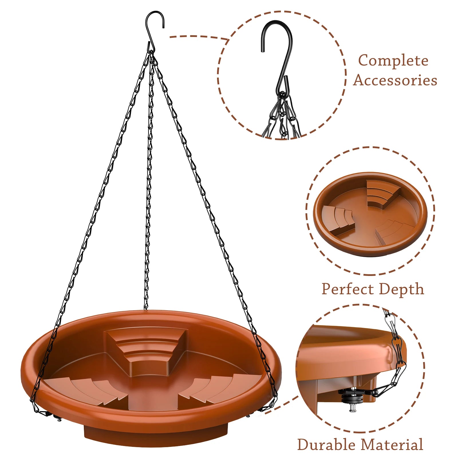 12 Inch Bird feeder Hanging Bird Bath with fountain Outdoor Bird Drinking Bird Tray with Hook and Chain for Garden Yard Patio Oasis Select
