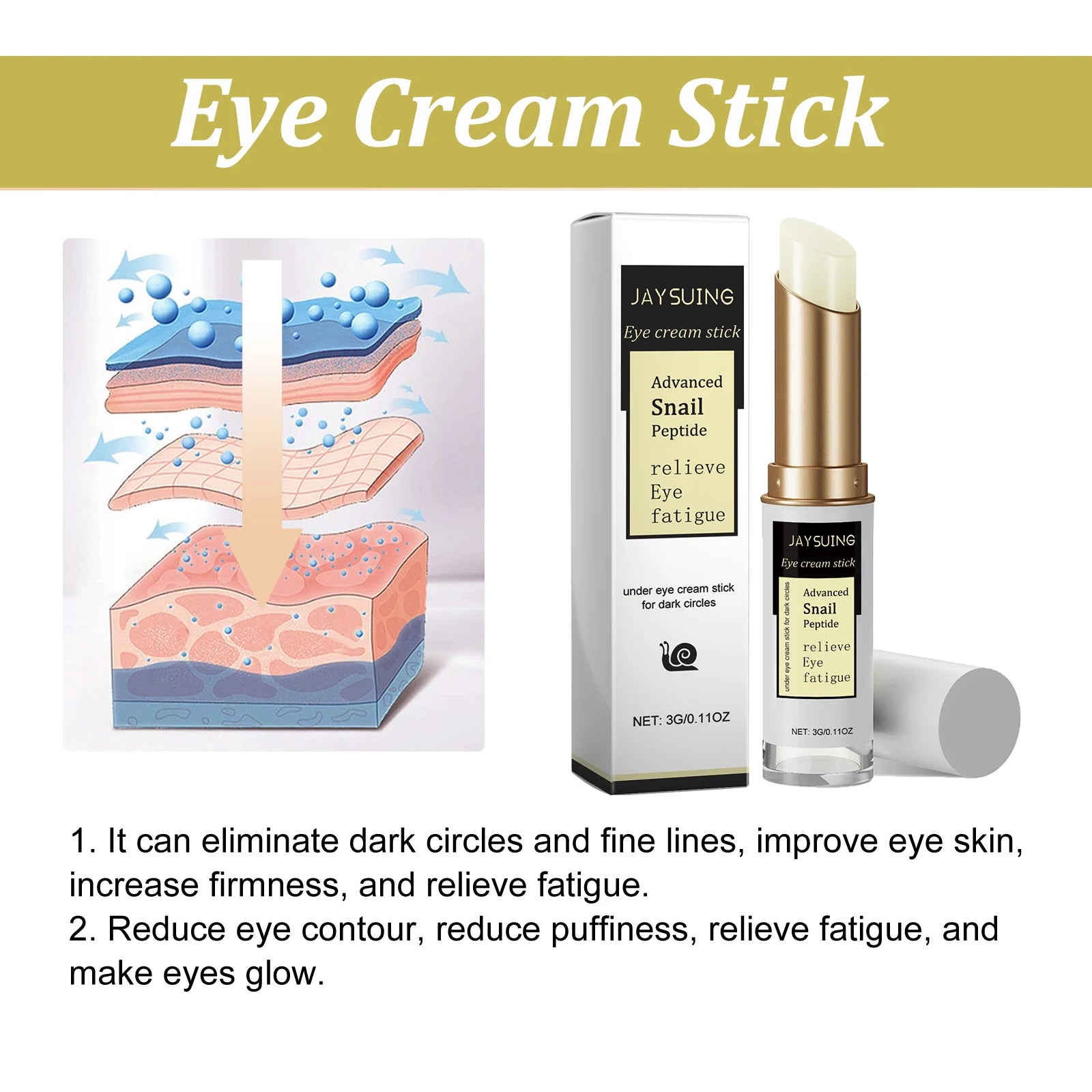 Snail Eye Cream Stick Anti-Puffiness Wrinkle Removal Fade Dark Circle Fine Lines Repair Moisturizing Firming Lightening Eye Care Oasis Select