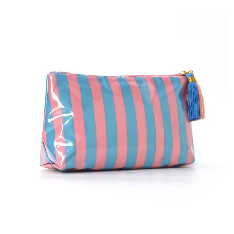 Waterproof Striped PVC Cosmetic Bag with Tassel Zipper