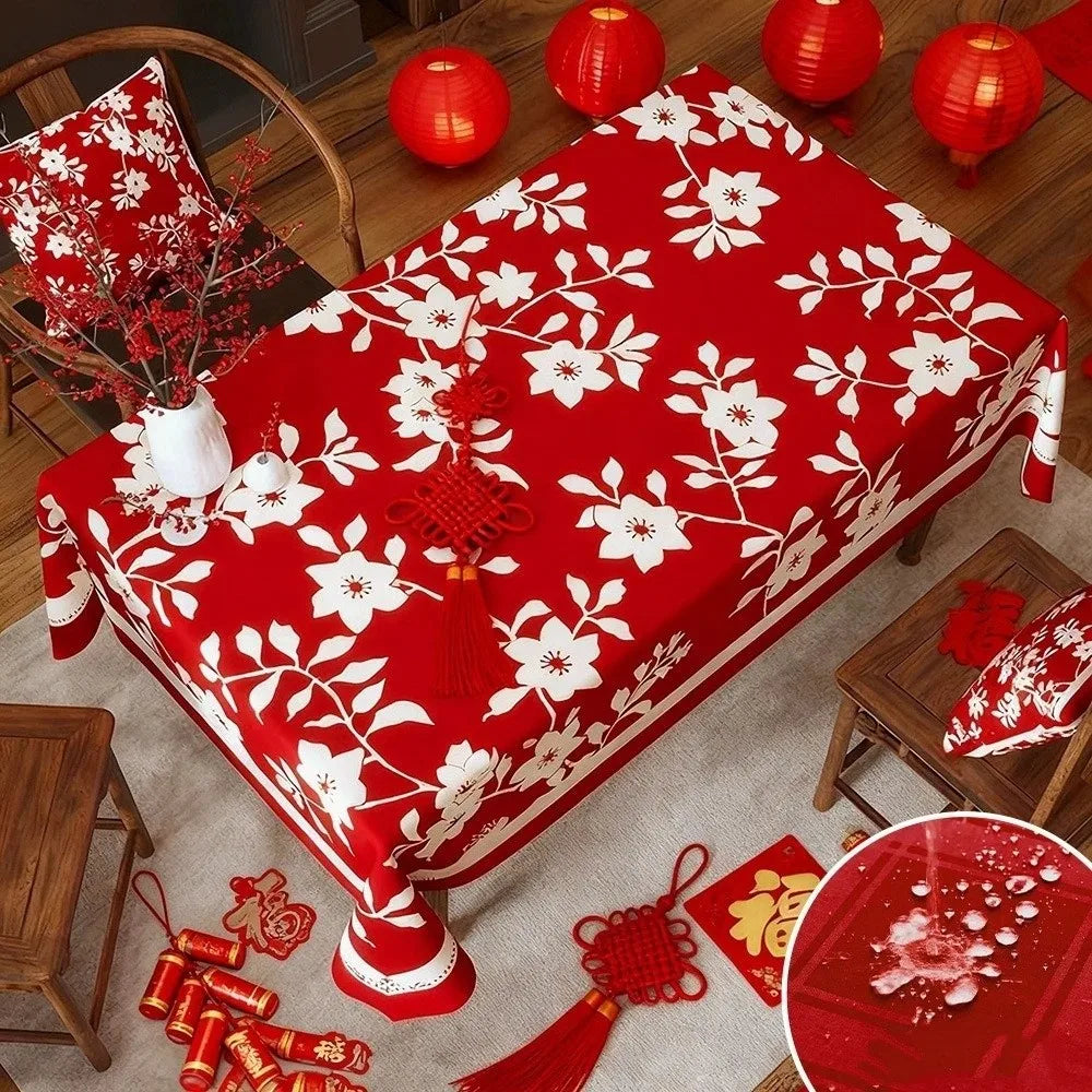 Waterproof New Year Tablecloth Stain Resistant Washable Table Cover Cartoon Light Luxury Decorative Tablecloth Oasis Select