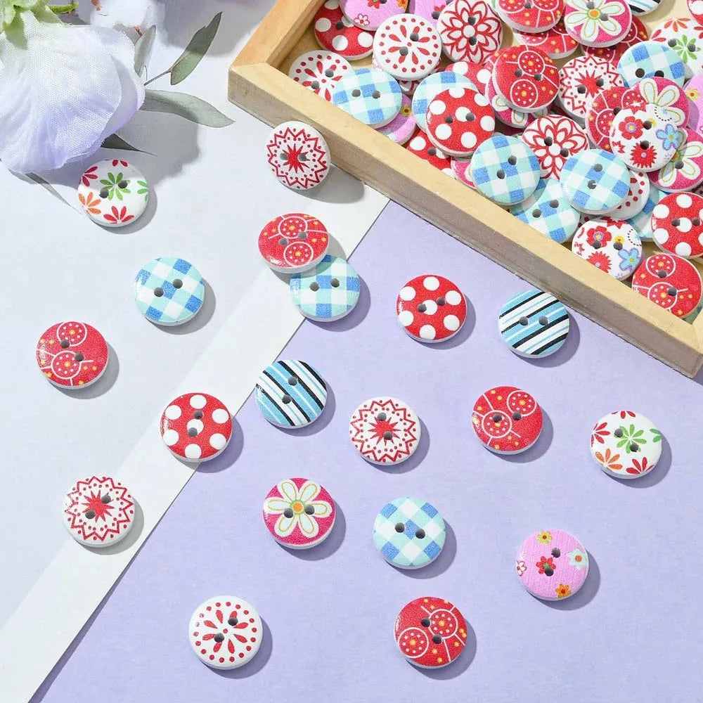 50/100pcs Mixed Round Multiple Patterns Flower Wood Button For Sewing Buttons Clothes Accessories Wood Crafts Decoration DIY Oasis Select 100PCS
