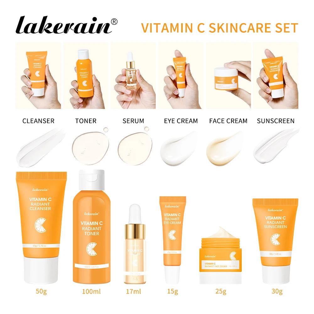 Lakerain Vitamin C Skin Care Set Whitening Cream Dark Spots Serum Dark Circle Eye Facial Cleaning Moisturizing Sunscreen Kits Oasis Select VC SKINCARE SET