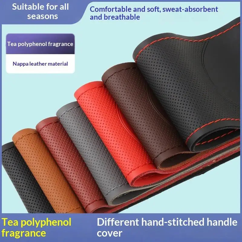 Hand Sewn Car Steering Wheel Protective Cover Leather Breathable Anti Slip Universal Suitable 38cm Elastic Band Texture Decor Oasis Select