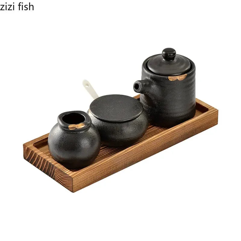 Ceramic Spice Jar Salt and Pepper Shakers Wooden Tray Seasoning Box Home Kitchen Tools Spice Organizer Jars Kitchen Accessories Oasis Select