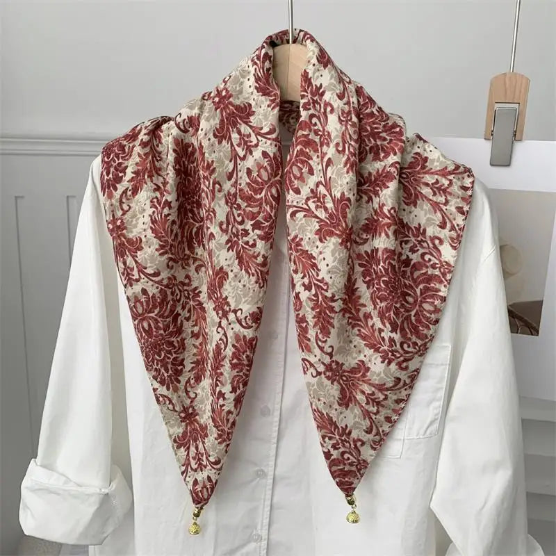 70x70 Retro Print Square Silk Scarf with Magnetic Buckle