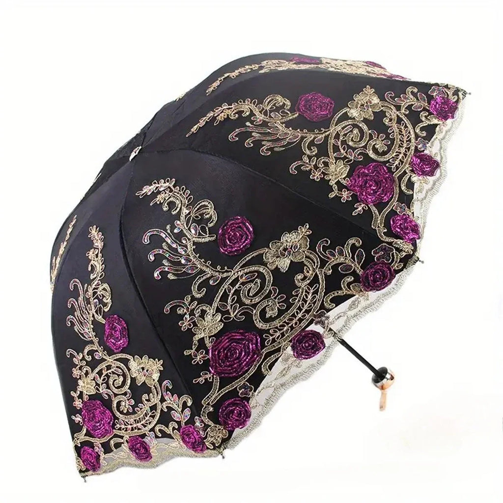 Folded Retro Embroidered Lace Double Layer Vinyl Three-fold Umbrella Wedding Umbrella Oasis Select Black 8K iron