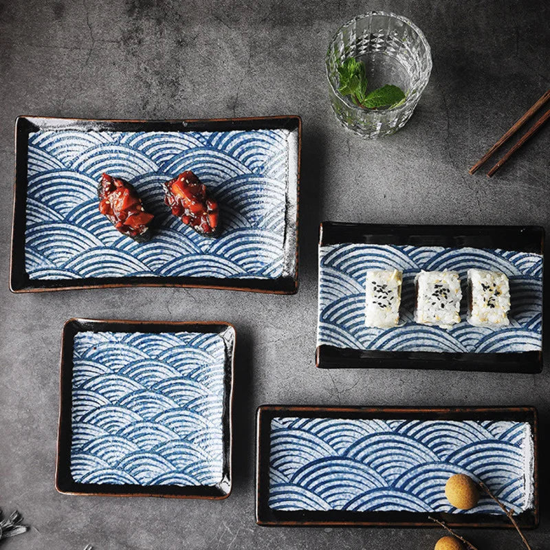Japanese Wave Pattern Ceramic Sushi Plate Retro Steak Dish Sushi Dinner Plate Tableware Oasis Select