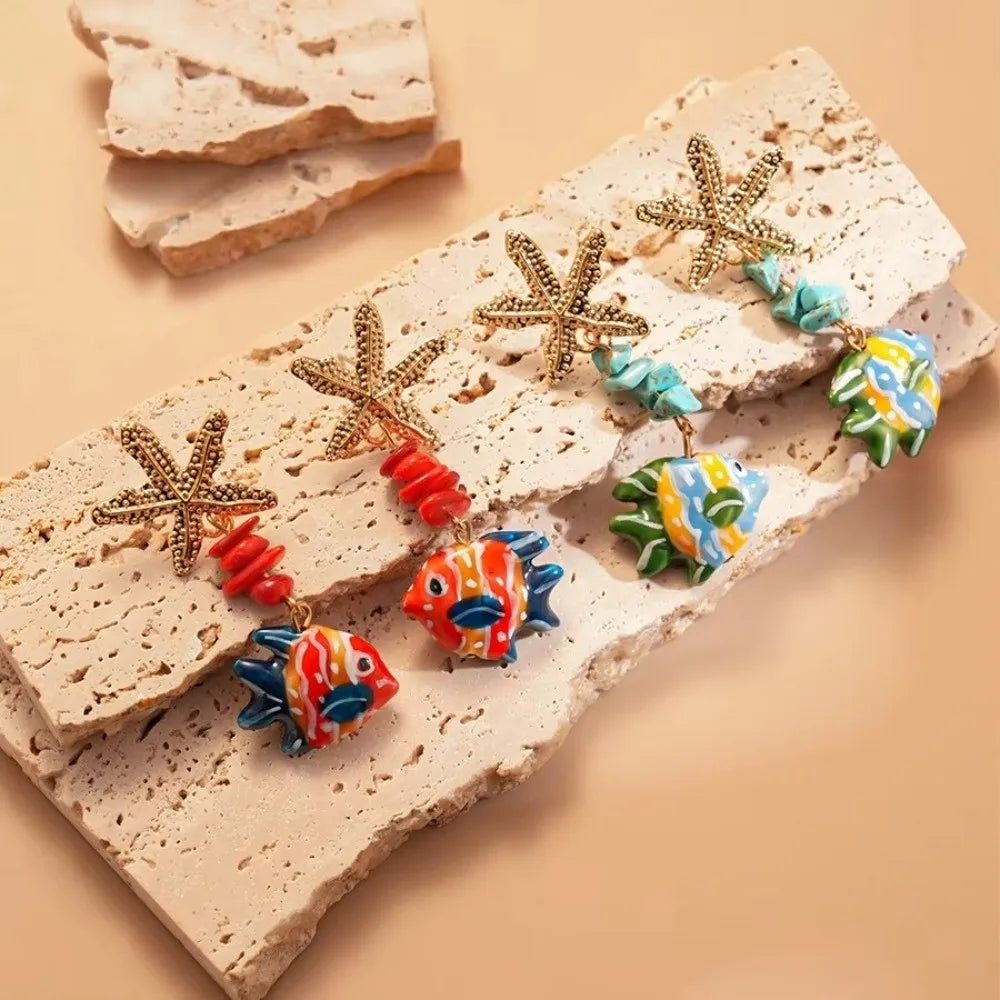 Funny Beaded Fish Drop Earrings Glass Ocean Style Starfish Stud Earrings Unique Glaze Summer Jewelry Gifts for Women Oasis Select