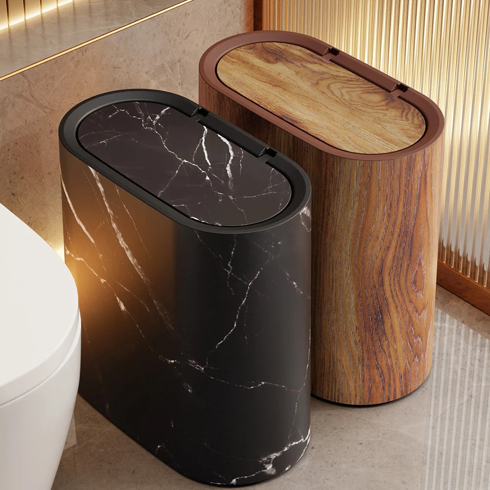 Marble Slim Trash Can with Lid – Narrow Wastebasket for Home