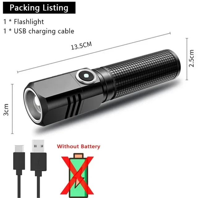 Super Bright Mini LED Flashlight USB Rechargeable Zoom Tactical Flashlight 3 Lighting Mode Outdoor Camping Fishing Torch Oasis Select long No battery
