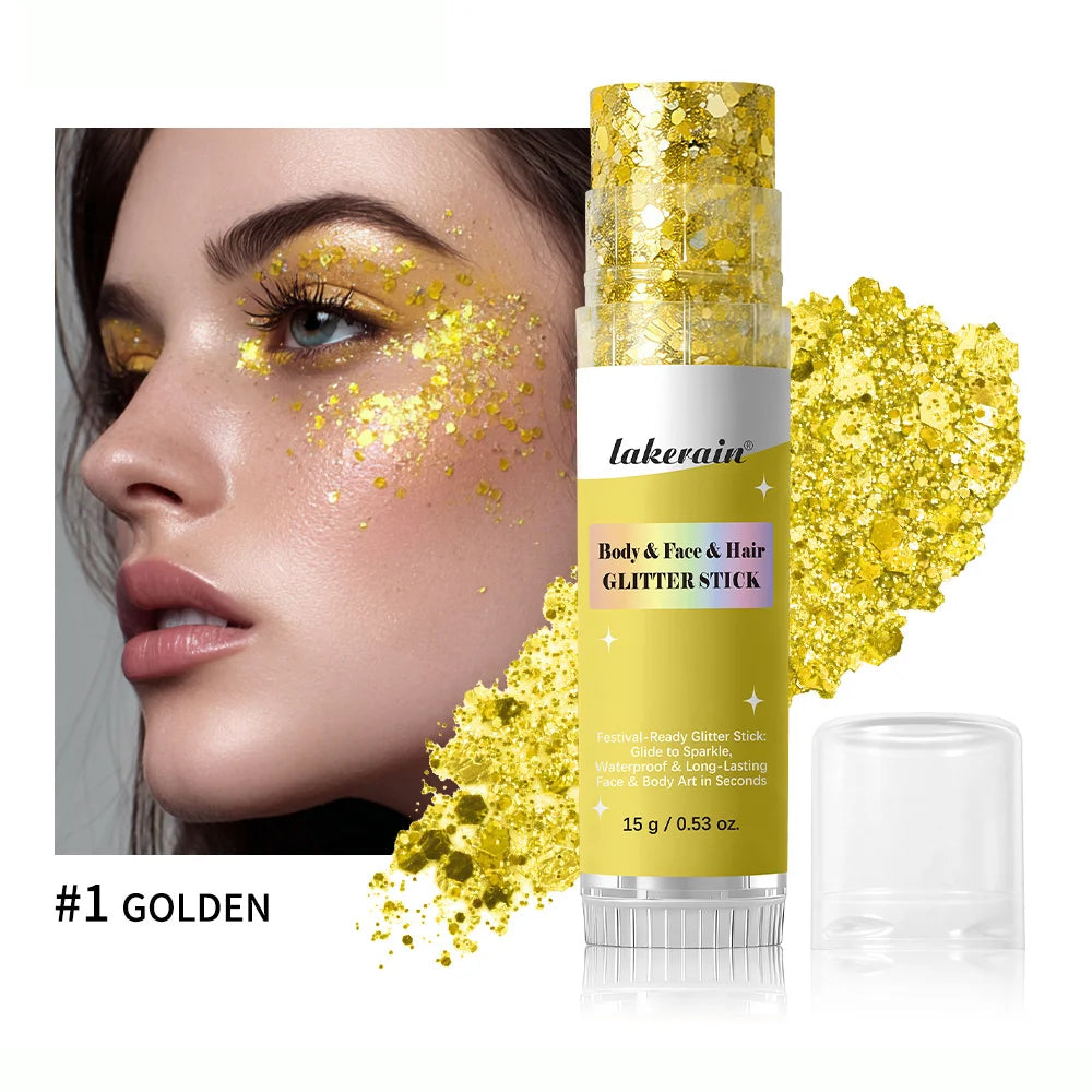 Shiny Glitter Gel Stick Highlighter, Sparkling Sequins Pearl White Pink Eyeshadow, Face Body Brighten Makeup for Stage & Daily L Oasis Select 1Golden