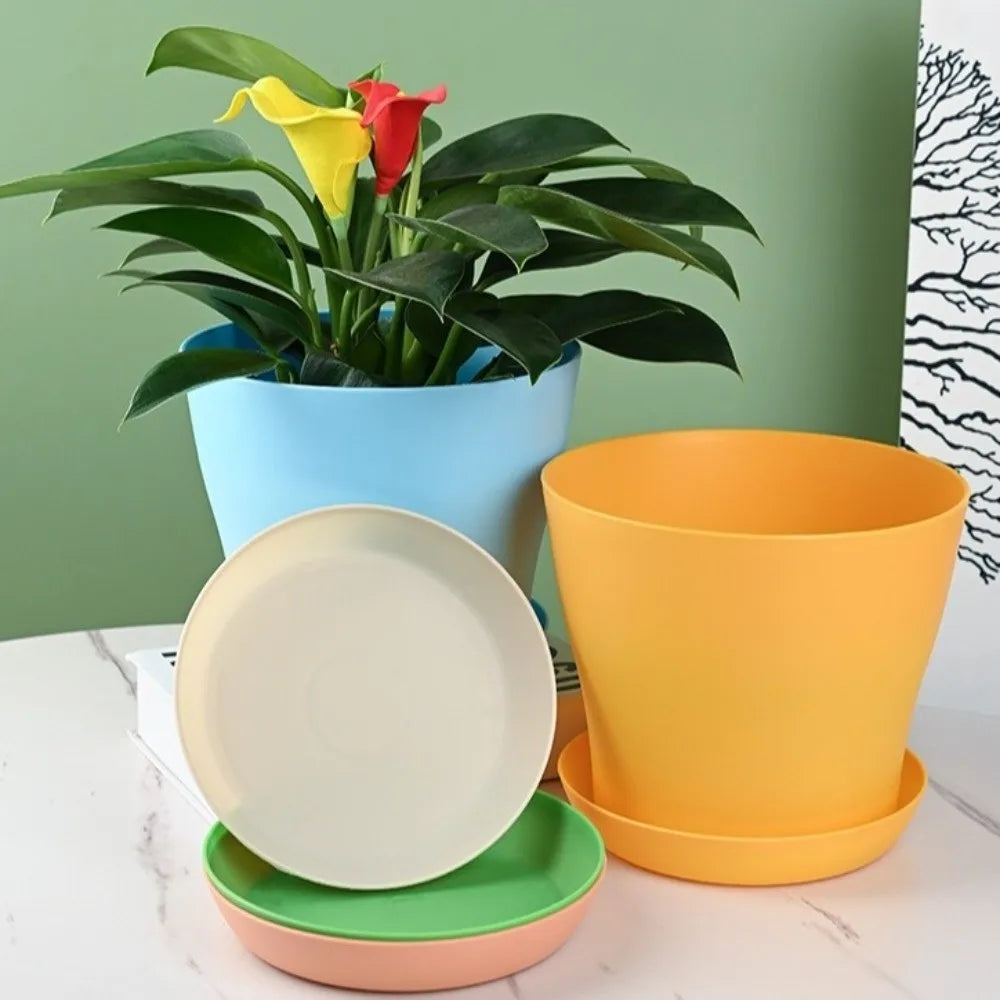 8pcs/set Candy Color Flower Pot Plastic Round Plant Pot with Tray with Drainage Holes Succulent Plant Pots Balconies Planting Oasis Select