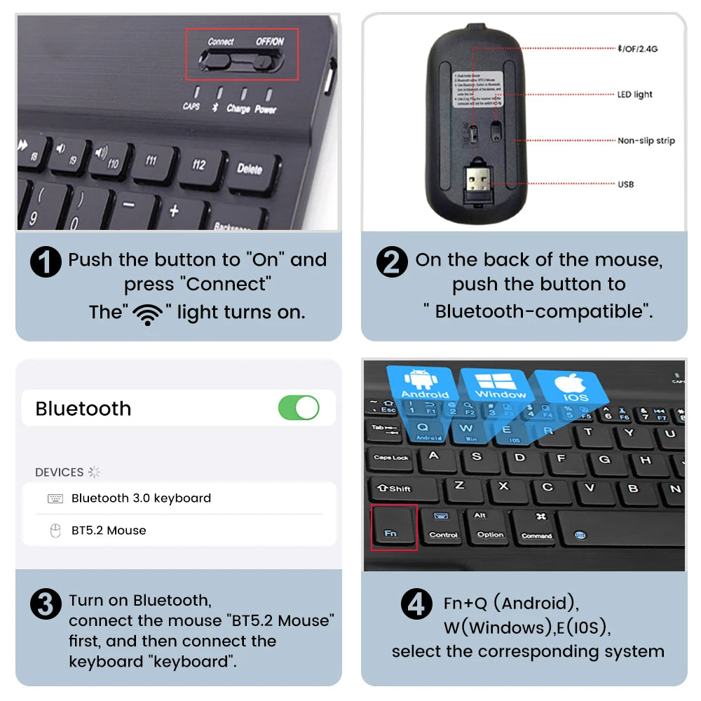 Mini Bluetooth Keyboard & Mouse – Spanish French Russian Korean