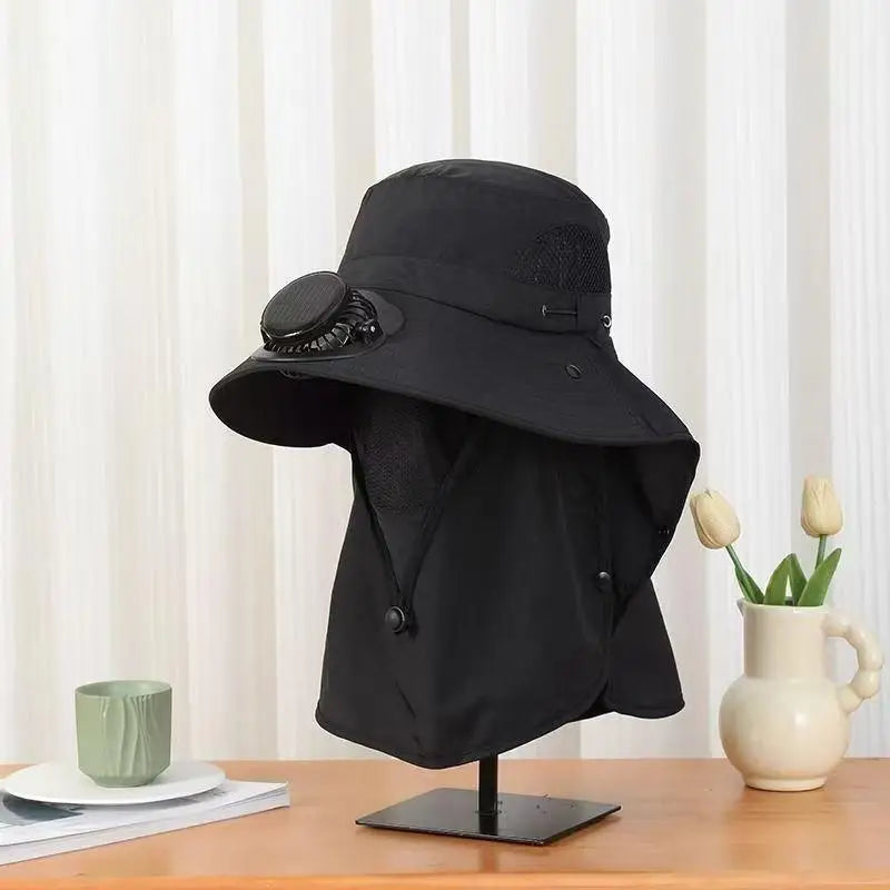 Men Solar Fan Wide Brim Fishing Hat with Shawl, USB Rechargeable UV Protection Outdoor Sun Hat Oasis Select black