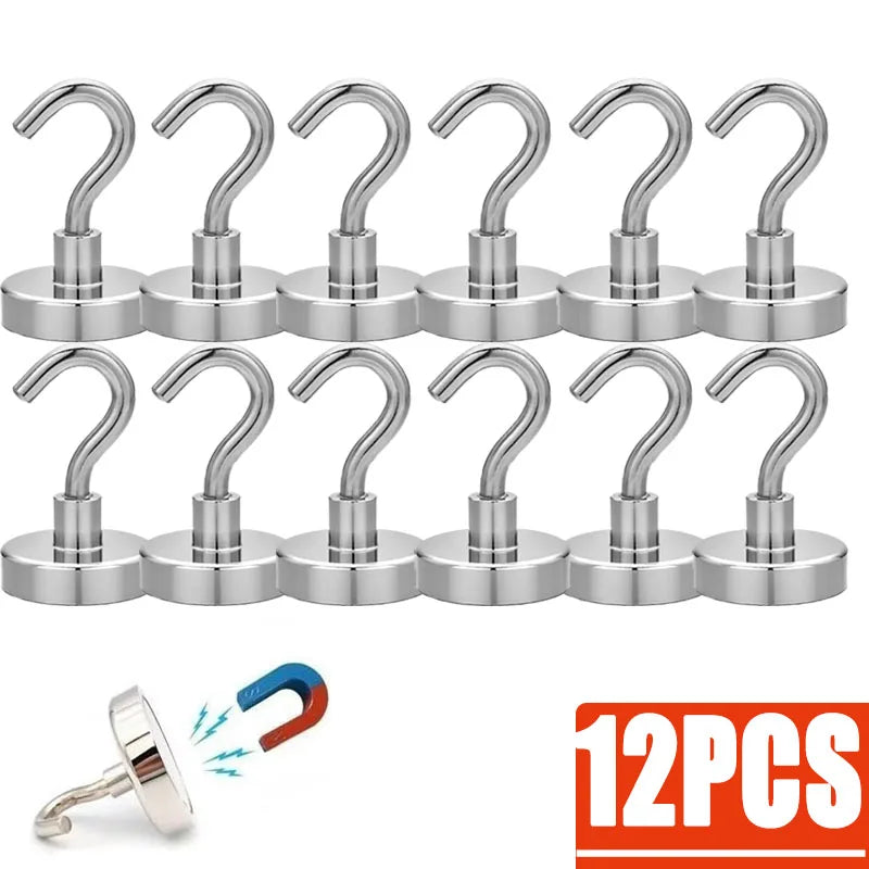 3/12/18Pcs Metal Strong Magnetic Hooks Wall-mounted Heavy Duty Magnet Hook Key Coat Hanging Hanger Home Kitchen Bathroom Storage Oasis Select 12pcs 10mm