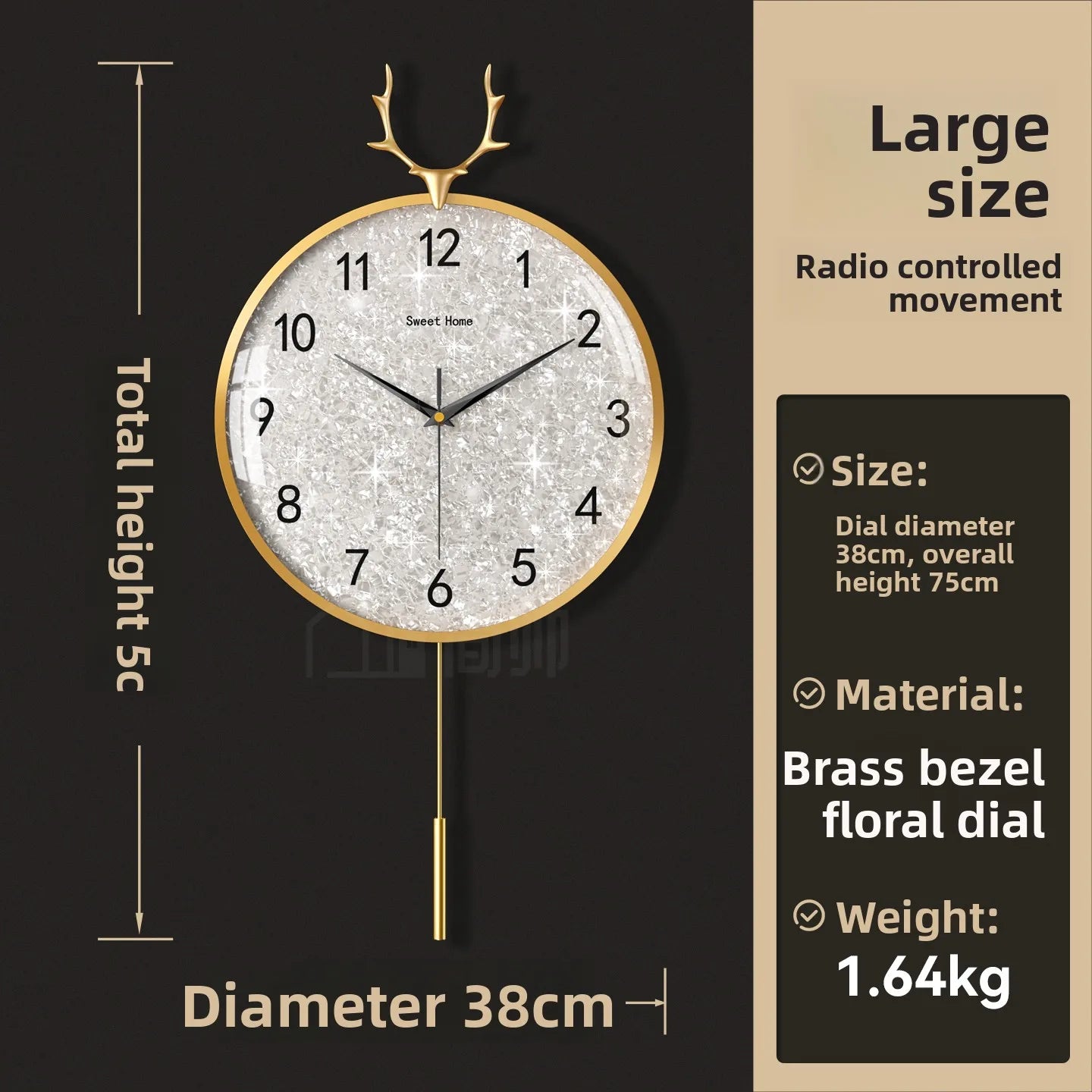 Golden Deer Horn Hanging Clock Pendant Light Luxury Dial Silent Living Room Modern and Simple Home Wall Decoration Oasis Select Brass 38cmRadio wave