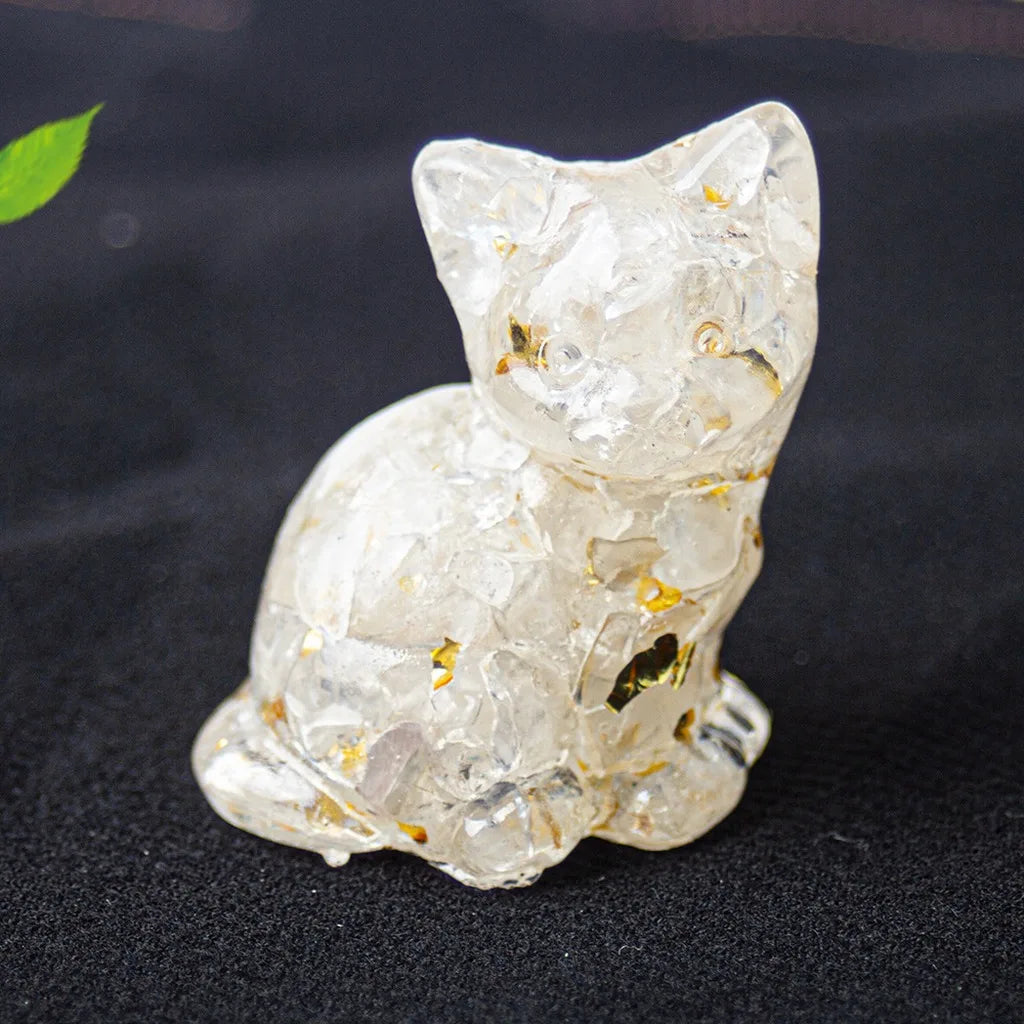 Natural Crystal Gravel Resin Sitting Turning Face Cat Figurine With Gold Foil Cute Desktop Decor For Home Office Oasis Select Clear
