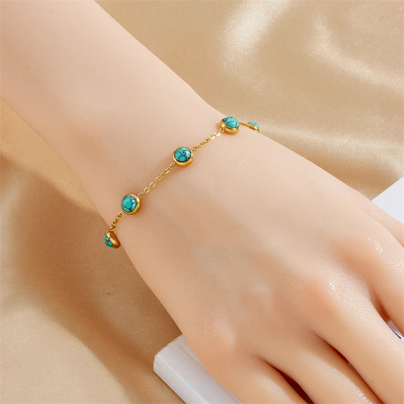 DIEYURO 316L Stainless Steel Round Turquoise Necklace Bracelet Earrings Suit For Womens 2024 New TrendNon-fadingjewelry Set Oasis Select