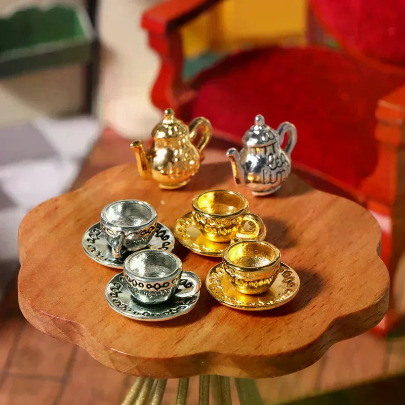 1:12 Dollhouse Miniature Metal Tea Set – Teapot Cup Saucer