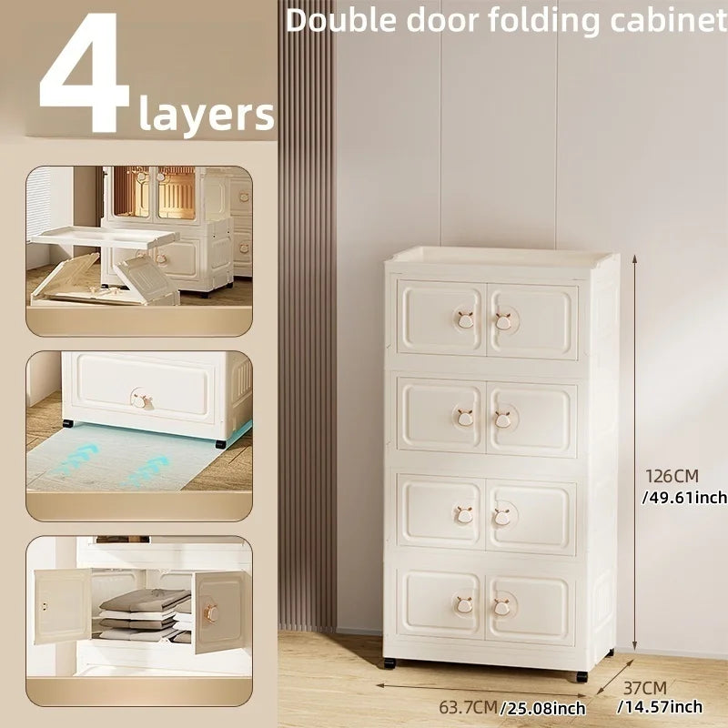 Foldable Storage Cabinet,Multi-Tier Heavy-Duty Organizer with Single/Double Door Design,Rolling Wheels for Living Room/Bedroom Oasis Select 2doors 4 Layers
