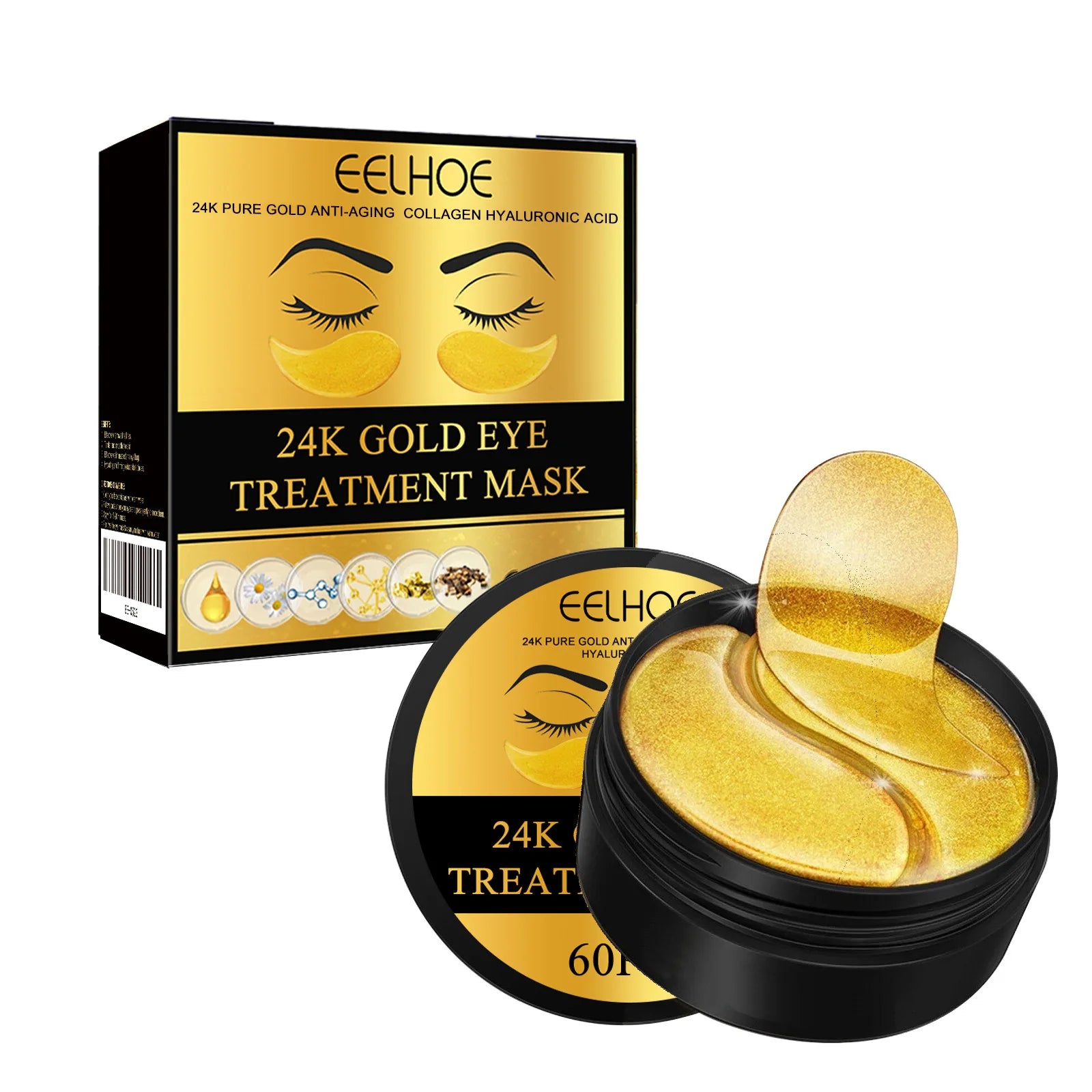 EELHOE 24k Gold Eye Treatment Mask Collagen Hyaluronic Acid Anti Wrinkle Reduce Dark Circles Daily Skin Care Under Eye Patches Oasis Select 60pcs Boxed