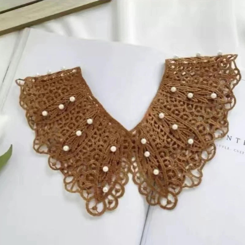 Detachable Lace Doll Collar with Pearl Shoulder Decoration Detachable Lace Collar Oasis Select Caramel colour