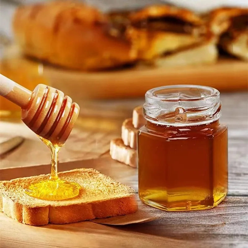 45ml Hexagonal Mini Glass Honey Jar with Wood Dipper Bee Pendants and Jutes Yogurt Pudding Glass Bottle Suitable for Party Gifts Oasis Select