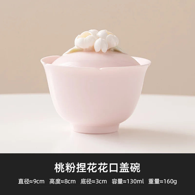 Peach Pink Pinch Flower Sancai Gaiwan Tea Cup Single High-end Handmade Household Ceramic Kung Fu Tea Set Tea Bowl Large Size Oasis Select No Specification Ercai Covered Bowl