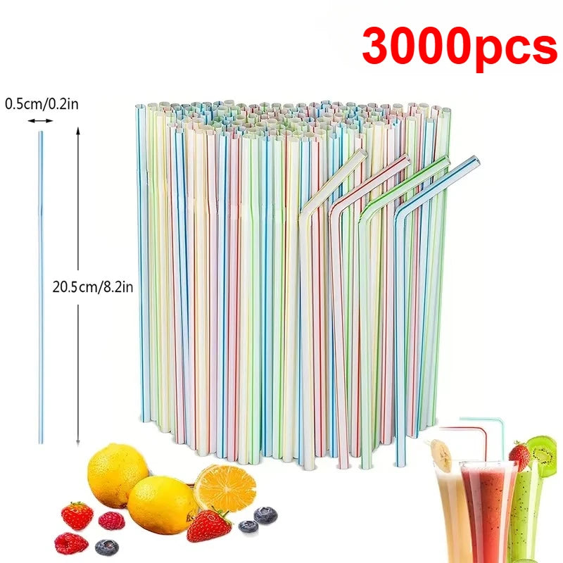 Disposable Plastic Curved Drinking Straws Reusable Child Straw for Drinks Colorful Drinking Tube Multi-time Straw Party Supplies Oasis Select 3000PCS-Stripe