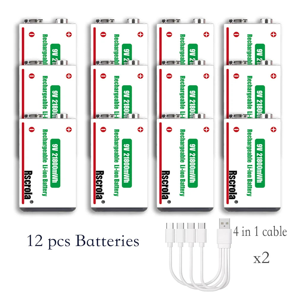 Long-Lasting 9V Lithium ion Rechargeable Battery 21800mWh High Capacity for Guitar Microphone Smoke Detector Pedal with Cable Oasis Select 12 pcs 9v Batteries 9v