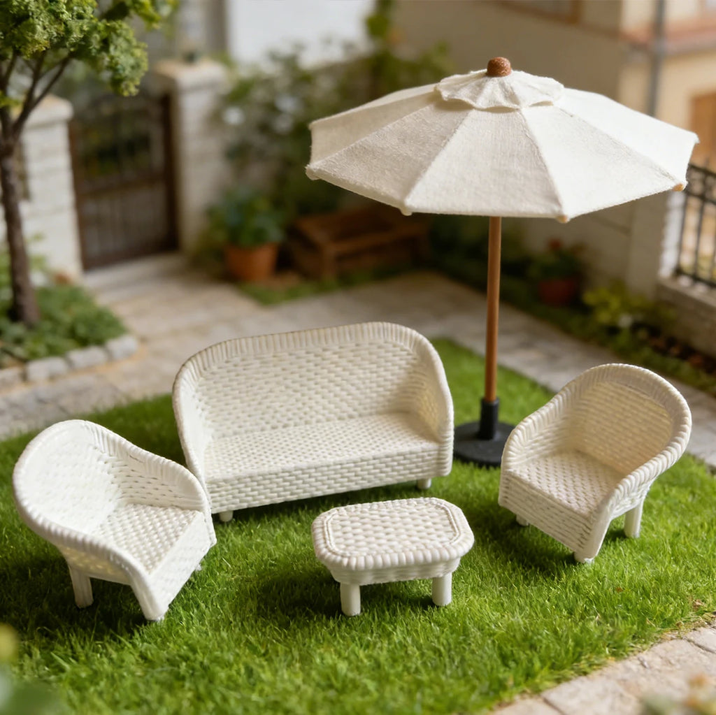 4 PCS Miniature White Wicker Tea Table & Chair Set Dollhouse Furniture Micro Landscape Props for Bedroom Fairy Garden Decor Oasis Select