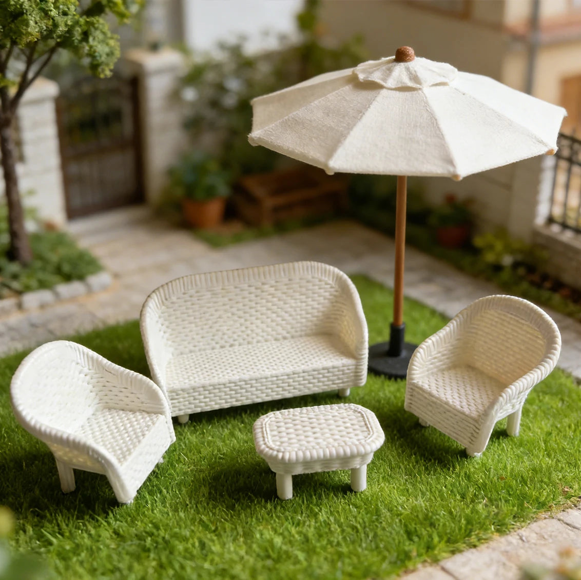4 PCS Miniature White Wicker Tea Table & Chair Set Dollhouse Furniture Micro Landscape Props for Bedroom Fairy Garden Decor Oasis Select