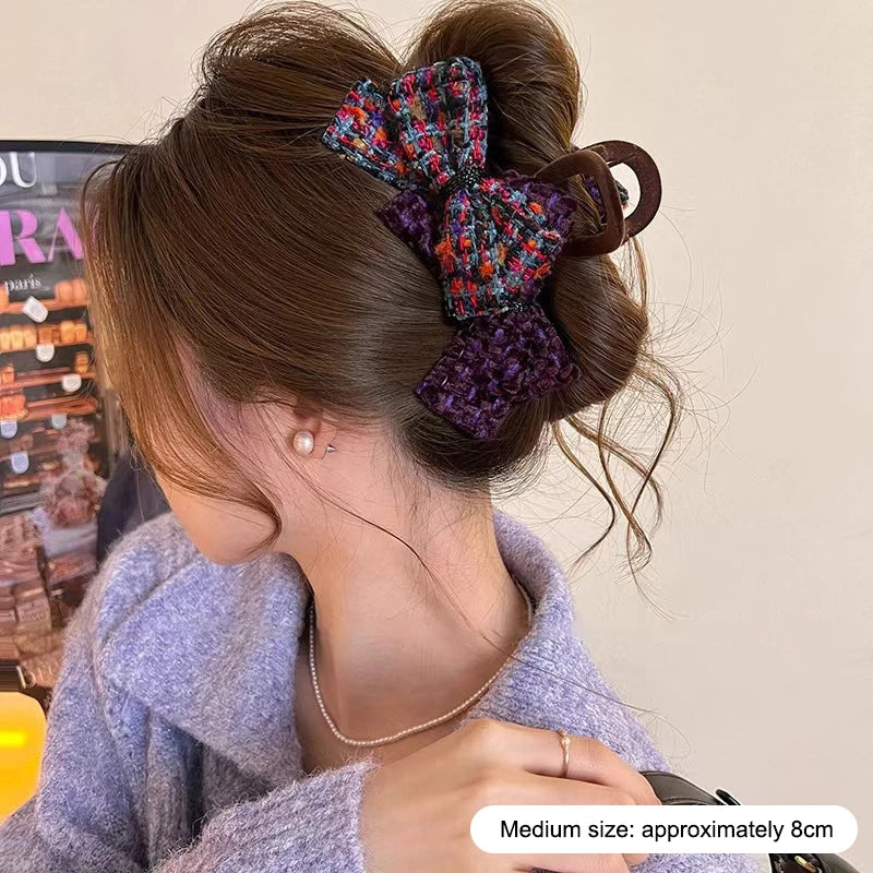 Retro Autumn And Winter Wool-blend Color-block Double Bow Hair Clip For Women Girls Large Shark Clip Hair Accessories Oasis Select A7