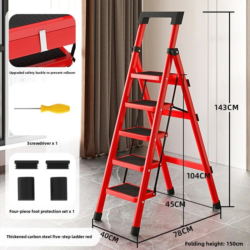Home ladder stool folding zigzag ladder anti slip pedal ladder indoor and outdoor multifunctional portable ladder Oasis Select Five steps red