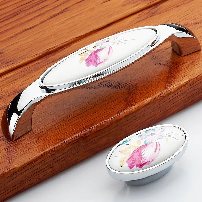 Tulip Ceramic Door Handle Silver Drawer Pulls Vintage Flower Cupboard Kitchen Cabinet Handles and Knobs Furniture Hardware Oasis Select