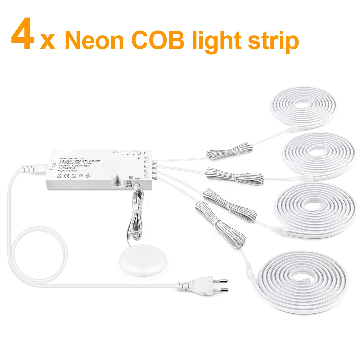 AC100V-240V to 24V Touch Control Swtich Dimmable COB LED Neon Strip Light for Multiple Closet Soundproof Panel Souvenir Cabinet Oasis Select 4PCS LED Neon Strip WHITE European Power Plug|5m
