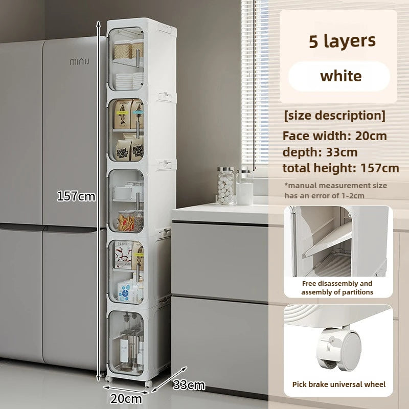 Household bathroom narrow seam storage cabinet, multifunctional foldable with wheels, dust-proof and crevice storage cabinet Oasis Select 5 layers -white