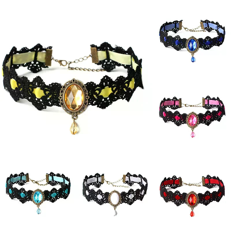Black Lace Necklace Collar Choker Velvet Crystal Vintage Gothic Chain Pendant Oasis Select