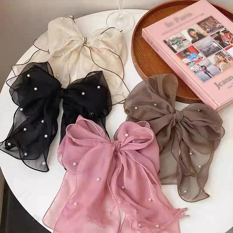 Fashion Ribbon Pearl Bow Hair Clips For Women Elegant Chiffon Bowknot Ponytail Clip Pin Bows Barrette Sweet Headwear Accessories Oasis Select