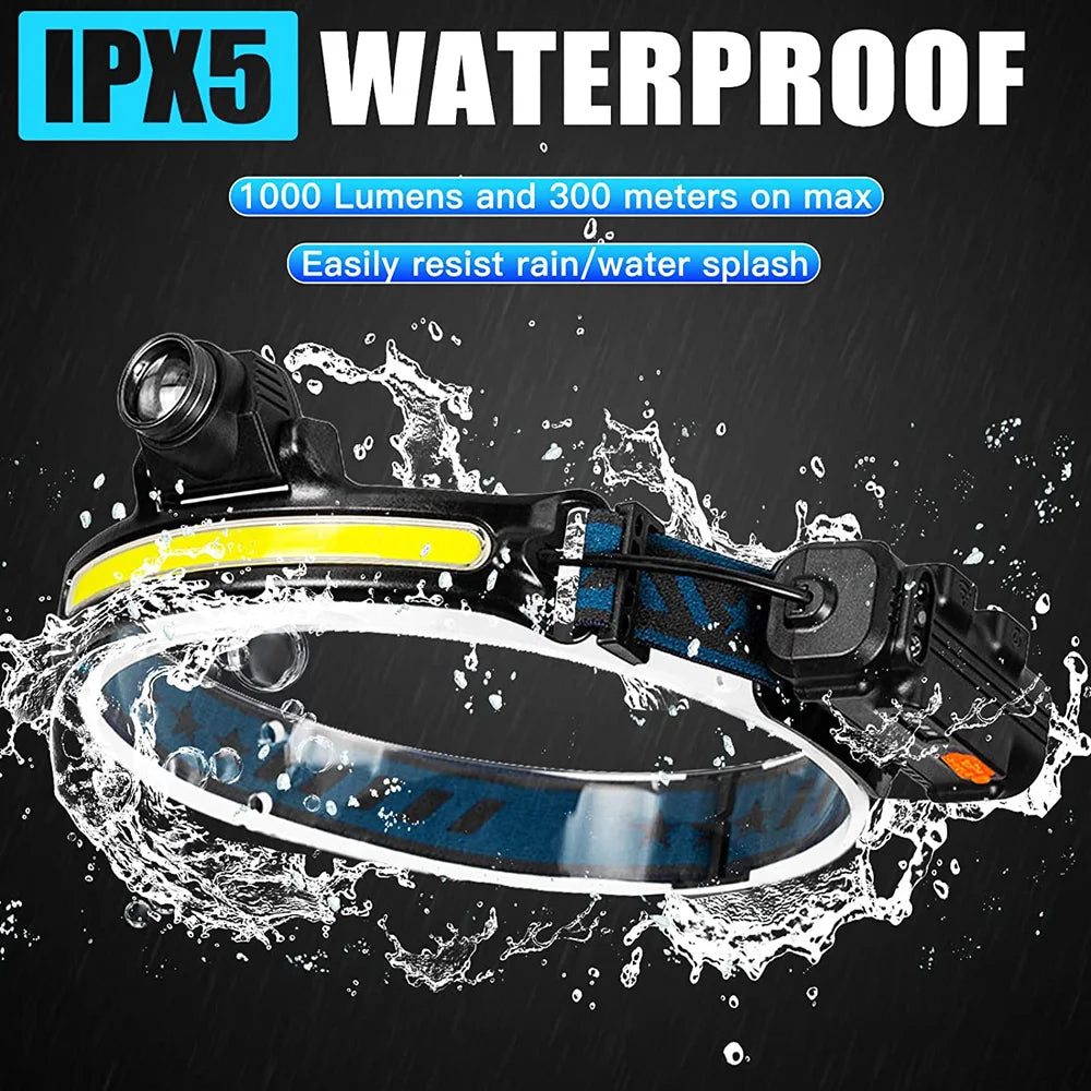 Powerful LED Sensor Headlamp USB Rechargeable Head Flashlight with 2000Mah Built in Battery Outdoor Camping Fishing Head Lantern Oasis Select