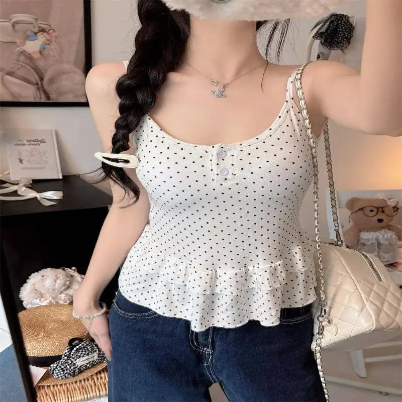 Women Clothing Summer Fashion Casual Polka Dot Solid Color Sling Ladies Fashionable Appear Thin Slim Young Style Tops Oasis Select White One Size